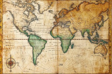 Aged world map, compass, antique script.