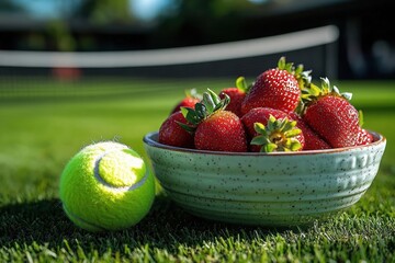 bowl of strawberries and tennis ball on grass with blurred tennis court and stadium in background