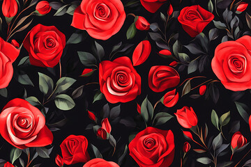 Luxurious floral pattern featuring vivid red roses with detailed petals and lush green leaves, set against a dramatic black background, perfect for elegant and bold designs.