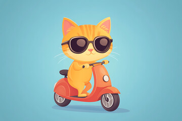 A cartoon cat wearing sunglasses rides a red scooter against a light blue background.