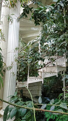 Elegant white spiral staircase in greenhouse