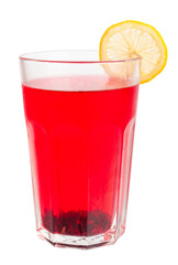 Hibiscus Tea in Glass Cup Isolated, Dry Rose Drink, Cold Fruit Red Tea, Karkade in Transparent Mug, Hot Herbal Drink, Roselle Hibiscus Tea on White Background