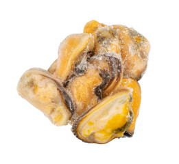 Frozen Mussels Pile Isolated, Unshelled Clam, Frozen Peeled Mussel, Cold Mussels Meat, Iced Seafood, Cooked Shellfish on White Background Top View