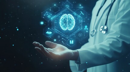 Doctor Holding a Holographic Brain Neural Network Interface Futuristic Medical Technology