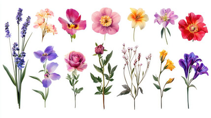 illustration of multiple flowers, with different type and colour on white background