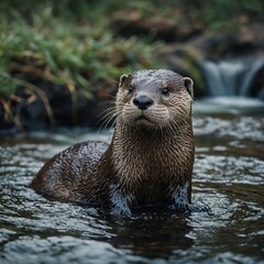 Fototapeta premium Document an otter playing in a stream.