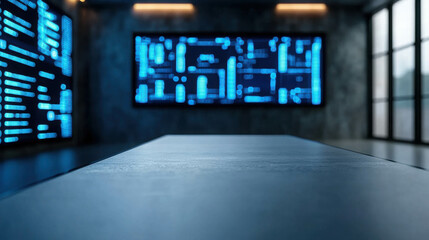 Interactive Touchscreen Workspace with Advanced Technology and Blue Graphics