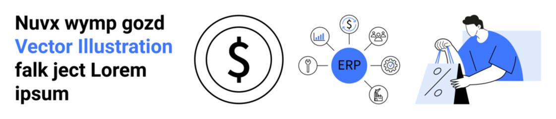 Businessman holding shopping bags, dollar symbol, ERP system with connected icons of people, gear, and growth. Ideal for retail, finance, business systems, e-commerce management technology