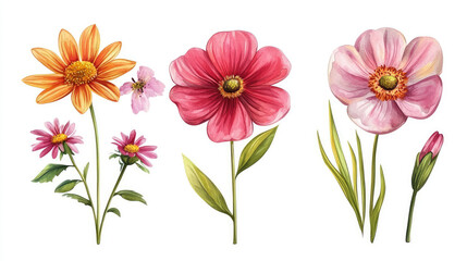 painting  of multiple flowers, with different type and colour on white background easy to edit