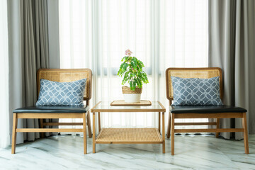 Plants in vase on wooden table and wooden soft chair with decorative cushion. perfect addition to light and airy living room in urban apartment