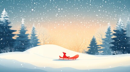 Naklejka premium Snowy winter landscape with person sledding at sunset.