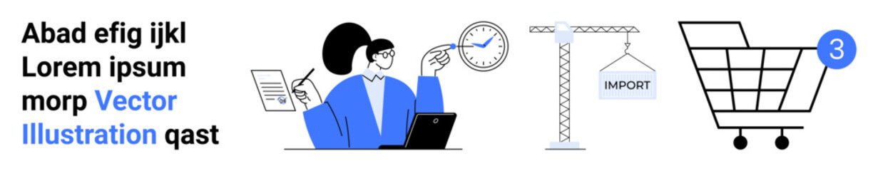 Woman analyzing data with laptop and clock, construction crane lifting an IMPORT crate, shopping cart with notification. Ideal for business analysis, logistics, time management, e-commerce, project