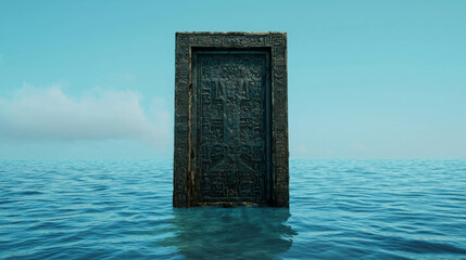 Colossal Ancient Door Standing in Tranquil Water Under Clear Blue Sky