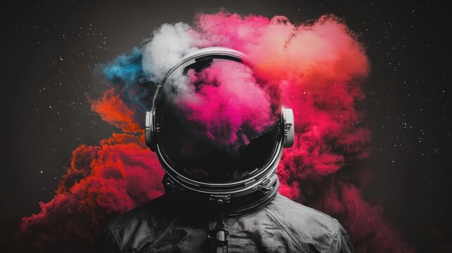 Astronaut helmet engulfed in vibrant colorful smoke against a dark space background.