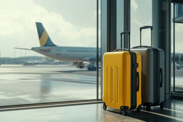 Realistic airport scene with yellow and grey suitcases and airplane in background for travel theme