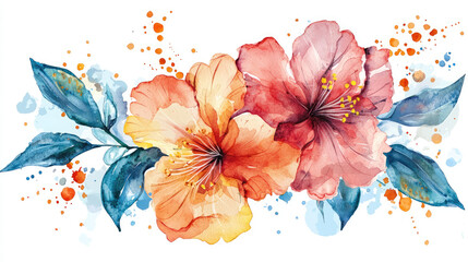yellow and red flowers in watercolor style, on white background