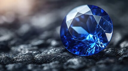 Close-up of a brilliant blue gemstone resting on dark, rough surface.