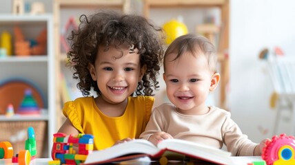Obraz premium Two joyful children engaged in reading together, surrounded by colorful toys in a cheerful, bright environment.