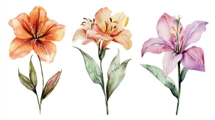 flowers with three options color, red, yellow, and purple, in watercolor style