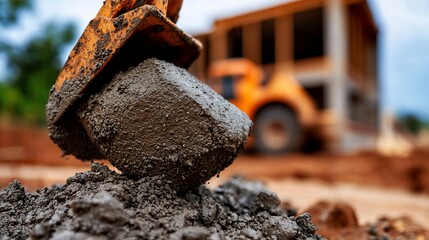 Close-up of excavator bucket lifting wet concrete at a construction site.