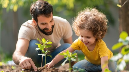 A father and child joyfully planting young saplings together in a sunny garden, promoting eco-friendliness and family bonding.