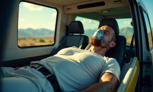 Injured man in oxygen mask lying on stretchers in ambulance car ambulance ambulance emergency medical rescue paramedic health