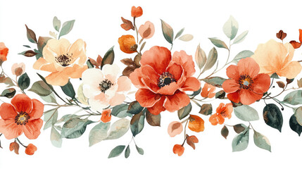colorful watercolor flowers paintings on white background, with red, yellow and white flower and green leaves