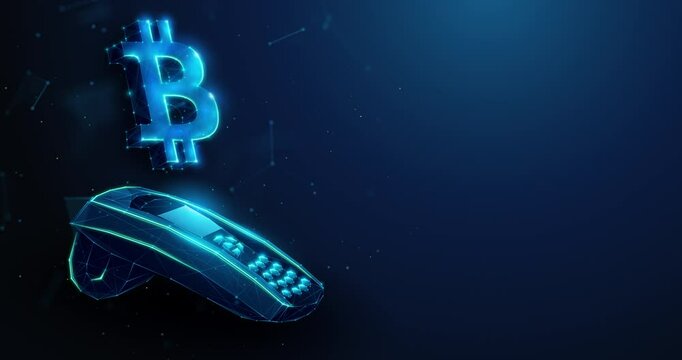 Abstract looped animation of low poly Bitcoin BTS cryptocurrency symbol over pos paying terminal. Blockchain payment process on point of sale terminal technology animated concept by wireframe mesh 