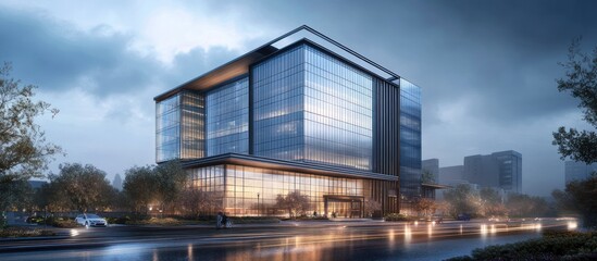 Obraz premium Modern office building with glass facade at dusk.