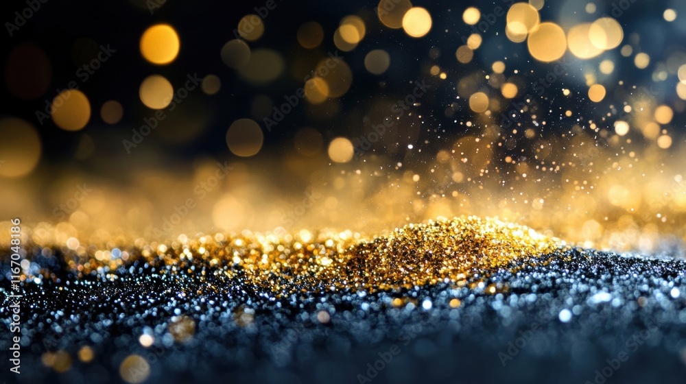 Poster Sparkling gold glitter contrasts beautifully against a dark background, illuminated by soft bokeh lights that enhance the enchanting atmosphere