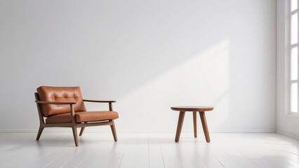 Fototapeta premium chair and wood side table against empty white color wall background. Minimalist style home