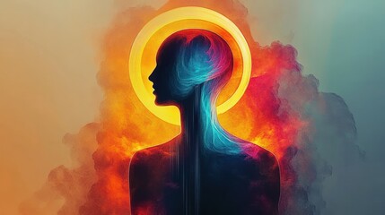 Naklejka premium Spiritual Meditative Abstract Digital Art with Colorful Faceless Figure and Aura Background