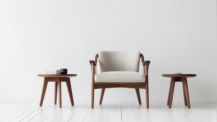 chair and wood side table against empty white color wall background. Minimalist style home