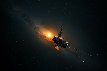 Naklejka premium A vast galaxy spirals against a deep black backdrop, with a spacecraft heading toward its glowing core, representing the allure of cosmic exploration