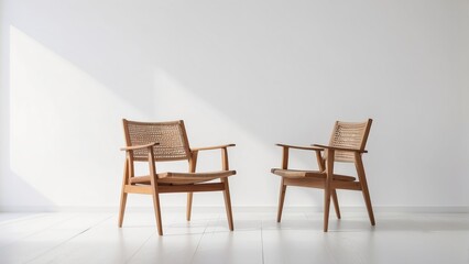 chair and wood side table against empty white color wall background. Minimalist style home