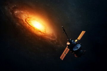 Obraz premium A vast galaxy spirals against a deep black backdrop, with a spacecraft heading toward its glowing core, representing the allure of cosmic exploration