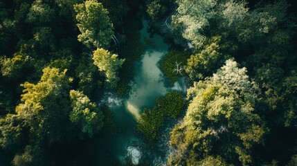 Aerial view of a mangrove forest with a river in the middle, highly detailed, professional drone photography, wide-angle lens, professional color grading.