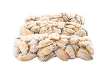 Packed Frozen Mussels Isolated, Frozen Peeled Mussel, Mussels Meat, Iced Seafood, Cooked Shellfish