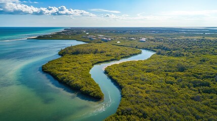 Aerial view of a mangrove forest with a winding river on the island. Top-down view, drone shot, wide-angle lens, sunny day, high-resolution photography, insanely detailed, fine details, professional 