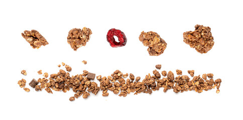 Chocolate Brownie Granola Pile Isolated, Cocoa Muesli, Crunchy Cereals, Oatmeal with Dried Cherries