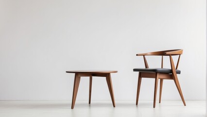 chair and wood side table against empty white color wall background. Minimalist style home