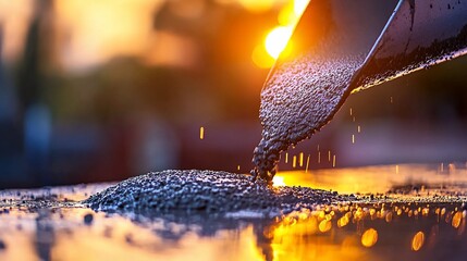 Asphalt pouring at sunset.