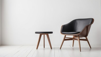 chair and wood side table against empty white color wall background. Minimalist style home