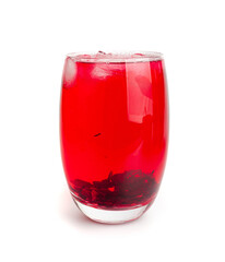 Hibiscus Tea, Dry Rose Drink, Cold Fruit Red Tea in Transparent Mug, Roselle Hibiscus Tea