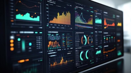 Obraz premium Data analytics dashboard display on a large monitor showing various charts and graphs.
