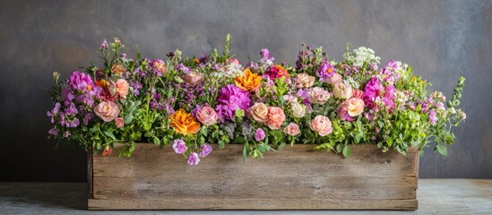 Colorful flowers in a wooden box.