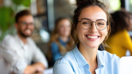 A smiling woman with glasses sits in a cafe, engaged with friends, creating a warm and inviting atmosphere.
