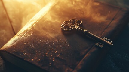 A vintage key resting on a weathered leather book with a warm glow in the background.