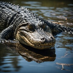 Highlight an alligator lurking just beneath the surface.