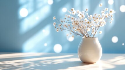 A minimalist vase holds elegant flowers, while soft bokeh lights create a serene atmosphere, enhancing the beauty of the arrangement